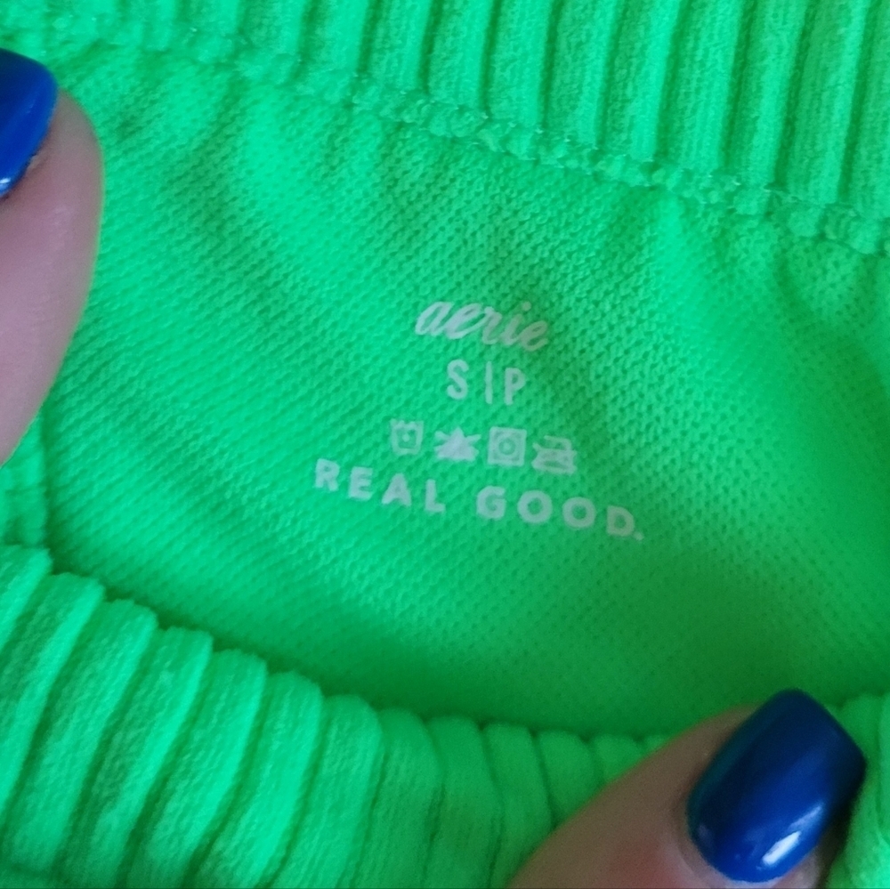 Aerie Ribbed High Neck Halter Bikini Top Neon Lime Green Brat S - Picture 2 of 5